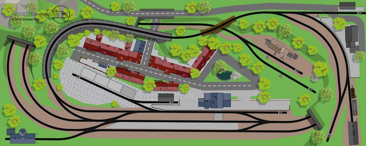 H0 Gleisplan mit dem Märklin C-Gleis. Zweigleisige Hauptstrecke und eingleisige Nebenbahn auf 3 x 1,2 Meter mit zwei Bahnhöfen und einem Industrieanschluss.