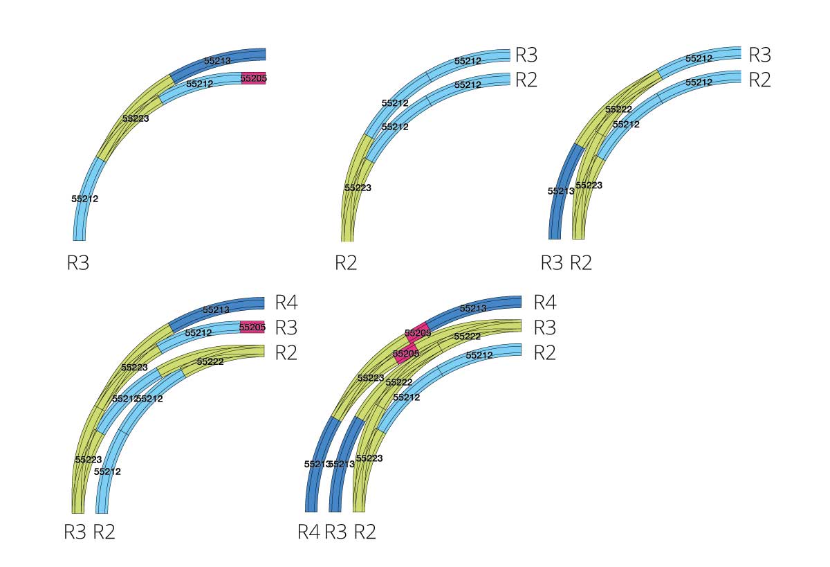 Verschiedene Beispiele zum Einsatz der PIKO A Bogenweichen R2 und R3