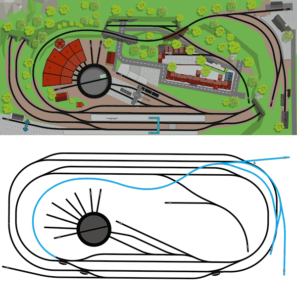 Gestaltungsvorschlag für den H0 Gleisplan: 2gleisige Hauptstrecke, Nebenbahn und Drehscheibe mit Ringlokschuppen