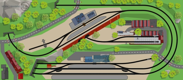 Märklin Gleisplan mit dem C-Gleis: Hundeknochen mit zwei Bahnhöfen und Nebenstrecke Gleisanschluss auf 275x120