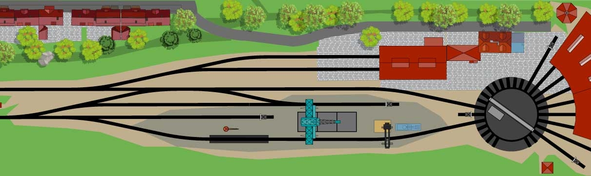 Die Abbildung zeigt ein modellbahntaugliches Bahnbetriebswerk
