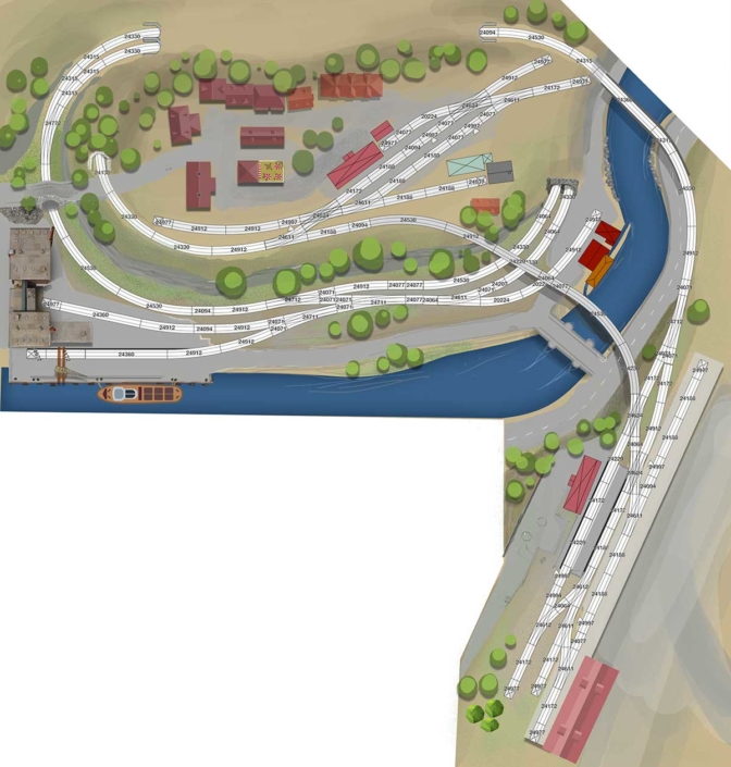 Gleisplan Leben am Fluss mit 2 Bahnhöfen, Industrie und Stadt