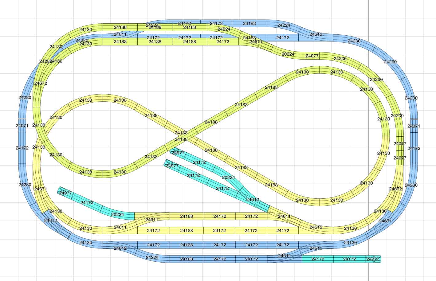 Abbildung des kompakter H0-Gleisplan mit 2 separaten Gleisstrecken auf 2,5 Meter x 1,5 Meter