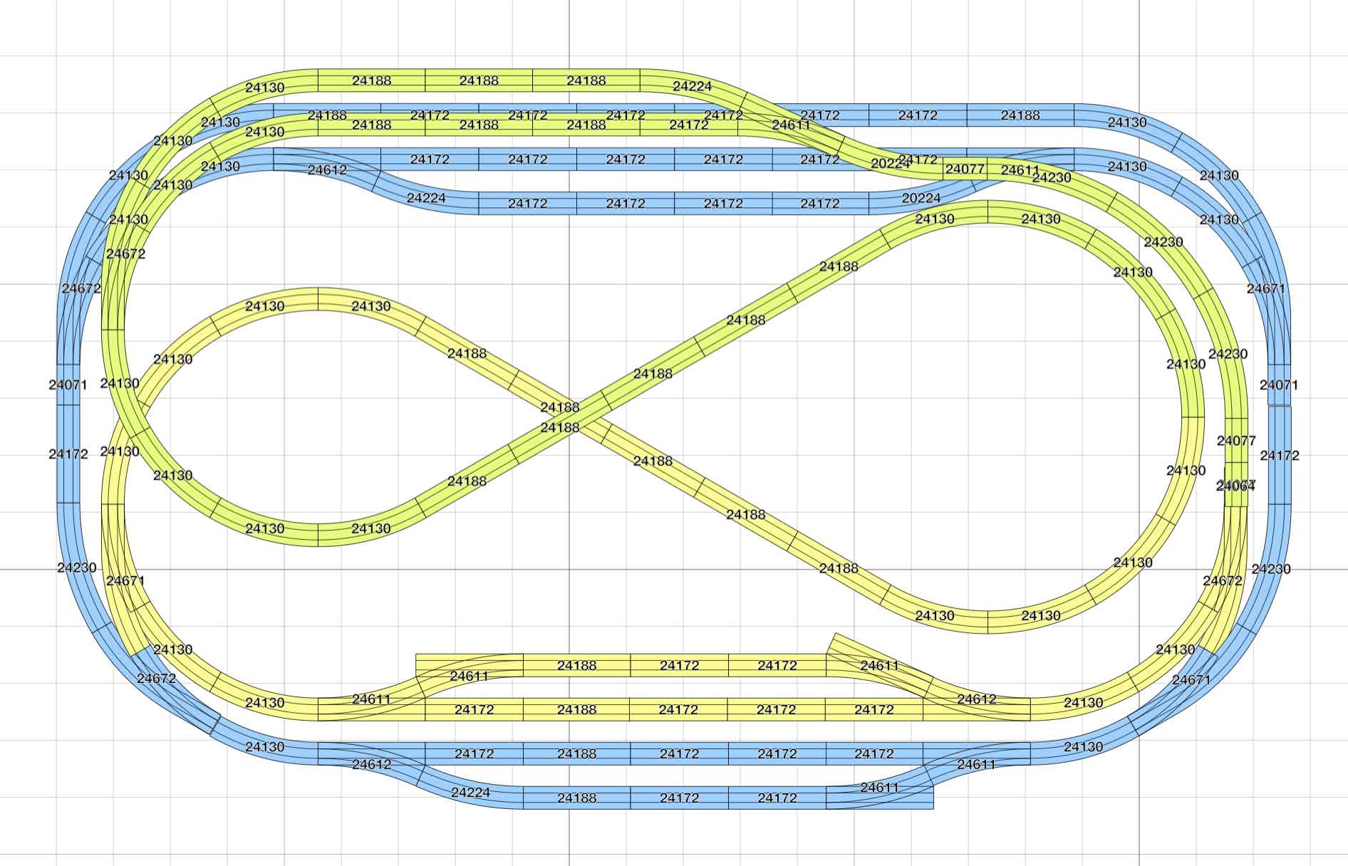 Kleiner H0 Gleisplan mit 2 separaten Kreisstrecken und Schattenbahnhof auf 2,4 m x 1,5 m